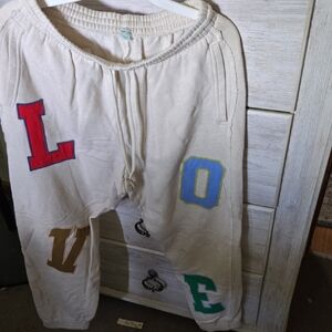 Aerie Cream and Red Track Pants with LOVE Appliqué